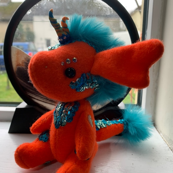 Sunspark - Dandelion Daemon - Kirin Art Doll - Neon Orange, Island Blue, Handmade, OOAK, Art Doll - magical, mythical, unicorn, Kawaii