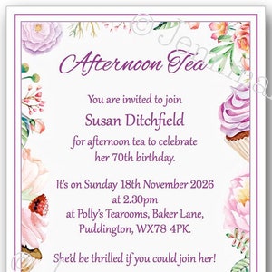 20+ Printed Personalised Afternoon Tea Birthday Party Invitations 30th 40th  50th  60th  70th  80th 90th  100th female floral with envelopes