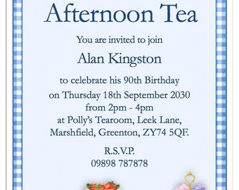 20+ Printed Personalised Afternoon Tea Birthday Party Invitations 30th 40th  50th  60th  70th  80th 90th  100th  with envelopes
