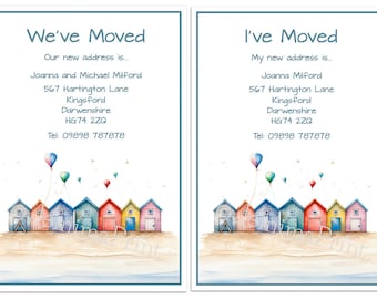 20+ Printed Personalised Beach huts change of address ,new home, moving house cards with envelopes I've moved, We've moved J738