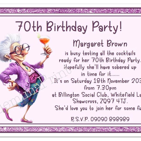 20+ Printed Personalised Birthday Party Invitations 30th / 40th / 50th / 60th / 70th / 80th /90th / 100th female funny with envelopes