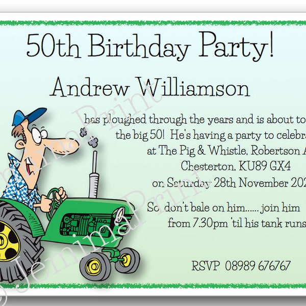 20+ Printed Personalised Birthday Party Invitations 30th / 40th / 50th / 60th / 70th / 80th /90th / 100th male tractor with envelopes
