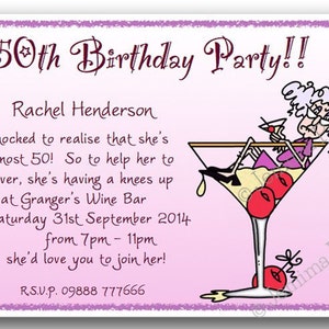 May include: A pink birthday party invitation with a cartoon illustration of a woman sitting in a martini glass. The text reads "50th Birthday Party!! Rachel Henderson is shocked to realise that she's almost 50! So to help her to recover, she's having a knees up at Granger's Wine Bar on Saturday 31st September 2014 from 7pm - 11pm she'd love you to join her! R.S.V.P. 09888 777666"