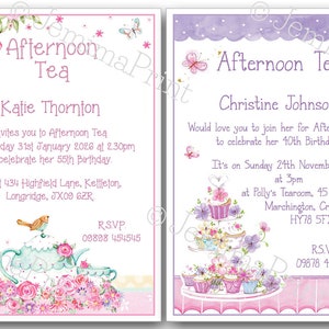 20+ Printed Personalised Afternoon Tea Birthday Party Invitations 18th 21st 30th 40th 50th 60th 70th 80th 90th 100th female with envelopes