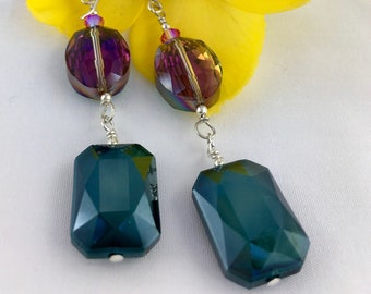 Crystal dangle earrings on sterling silver hooks, emerald, fuchsia, Gift for her, dangle and drop, glitzy