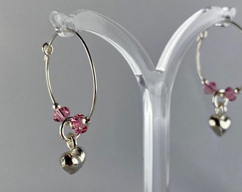 Hoop earrings with a silver heart, Sterling silver, Swarovski Crystal, Gift for her, love heart, gift for her, girlfriend