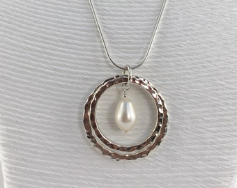 Tear shaped pearl pendant necklace with hammered infinity rings in Thai Silver on a sterling silver snake chain, wedding, Mother’s Day