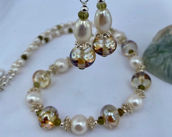 Silver and pearl beaded necklace and earring set, handmade glass beads, citrine, sterling silver, gift for her, pearl core, bride