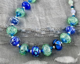 Handmade glass bead necklace, blue lace agate, freshwater pearls, Thai silver with a charm, mother of bride, sky blue, zoom leisure