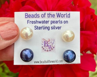 Set of two freshwater button pearl stud earrings on sterling silver posts