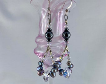 Pearl Crystal Chandelier Beaded Earrings, Sterling Silver hooks, Birthday, Swarovski heart, June birthstone