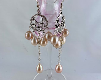 Pink Pearl Chandelier Earrings, Sterling Silver, Birthday, Girlfriend, June birthstone, Bridgerton inspired, Regency core, freshwater pearls