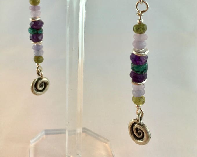 Sundance style dangle earrings turquoise ultra violet amethyst, citrine blue lace agate, with swirls of Thai silver on sterling silver hooks