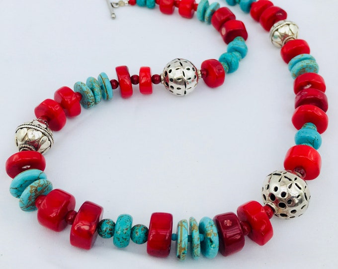Turquoise Beaded Necklace with Cardinal red sea abamboo.