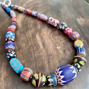 Venetian trade bead necklace with antique chevron, king bead, white hearts, mosaic millefiori, statement, contemporary design