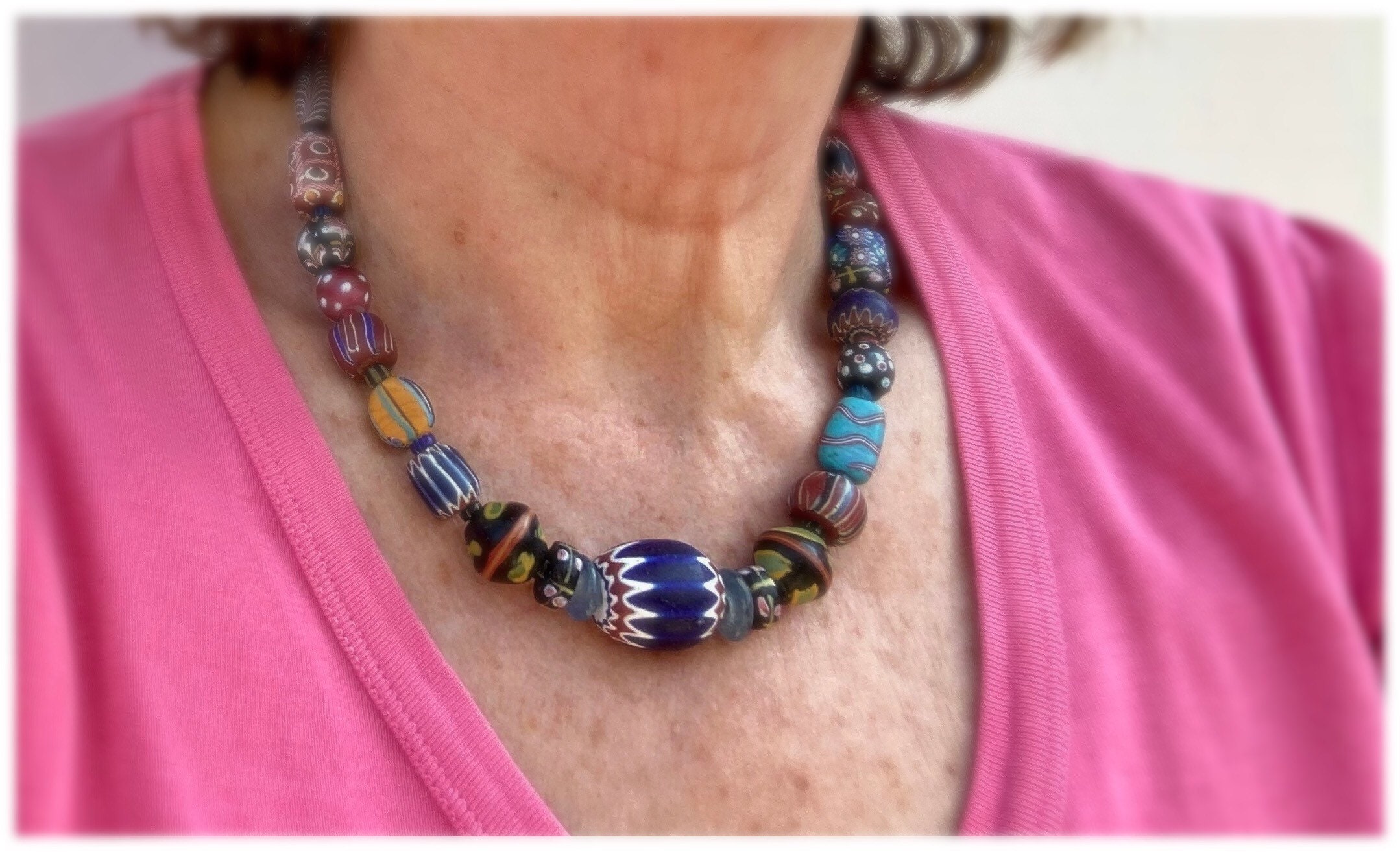 Trade Bead Necklace With Antique Chevron, King Bead, White