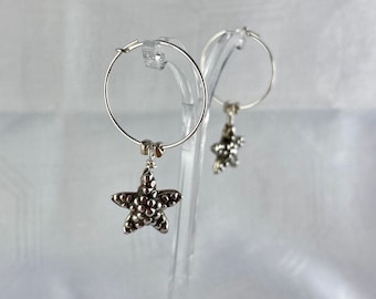Hoop earrings with a silver star, Sterling silver, Charm, Gift for her, seaside, starfish, charm, beachwear