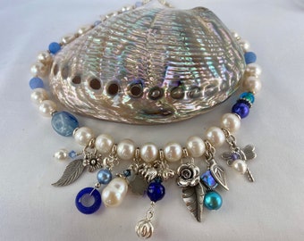 Pearl and silver fringe charm necklace, white freshwater pearls, Venetian glass, Thai silver, kyanite, aesthetic jewelry, Pandora style