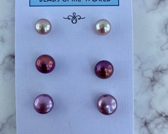 Pearl stud earrings on sterling silver, set of three, sterling silver posts Dusky pink, Rose Pink, lavender grey, 30th anniversary, bride