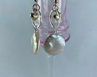 White Coin Pearl Earrings suspended from Thai silver rings on sterling silver hooks with heart charm Statement gift for her birthday