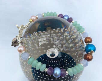 Beaded bracelet with pearls, Amazonite, amethyst, blue lace agate and sterling silver, gift for her, bridesmaid, Holiday