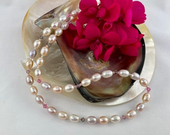 Pink Pearl Necklace with Swarovski crystal and silver charms. Wedding, holiday gift, gift for her, Matinee length, June birthstone, layer