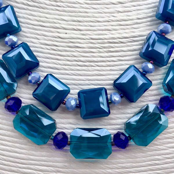 Double stranded Anna Wintour style crystal necklace Teal blue, denim blue and saphire blue with extended plate silver chain Set gift for her