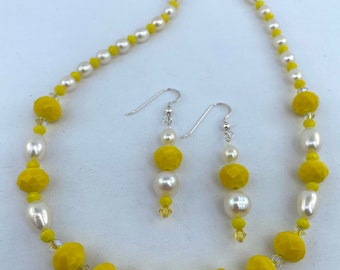 Beaded necklace and dangle and drop earring set. Illuminating yellow crystals, white pearls, girlfriend, gift for her, elegant