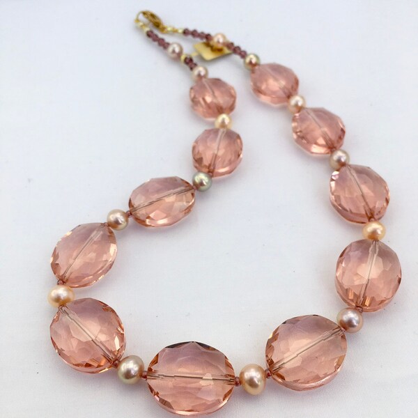 Salmon pink glass crystal necklace with rose pink freshwater pearls gift for her bride best friend anna wintour bridesmade