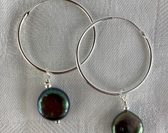 Hoop earrings with a drop coin pearl. Sterling silver. Gift for her, bride, mother bridesmaid Bridgerton