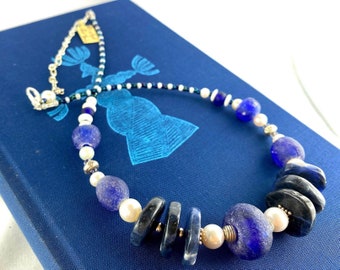 Recycled blue glass bead necklace, bottle beads, Sodalite, pearls, iolite necklace, Gift for her, statement, handmade, boho