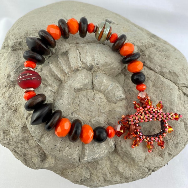 Lampwork glass beads wooden Cebu beads burnt orange crystal with peyote stitch toggle clasp exploding like a firework Girlfriend Gift