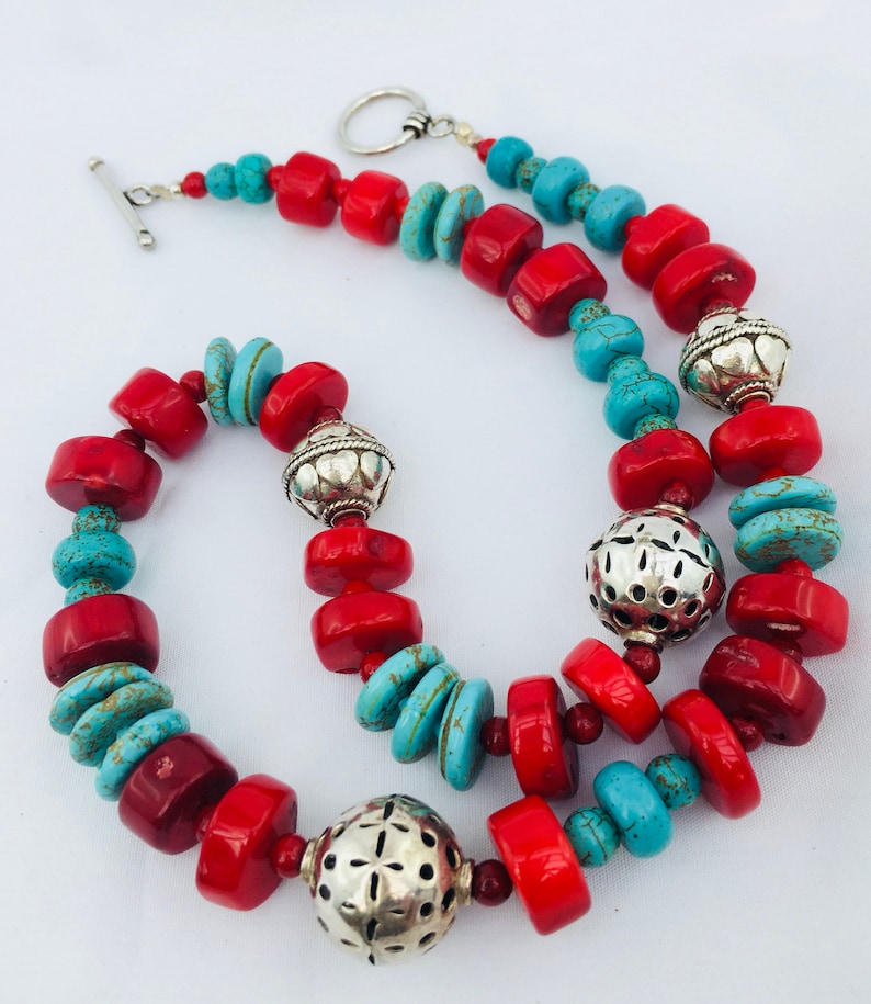 Statement Turquoise Beaded Necklace with Cardinal Red Sea Bamboo Indian silver filigree beads aesthetic, gift for her mother of bride