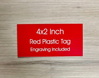 4"x2" Red Plastic Tag w/ White Text - Custom Personalized Plate Adhesive Backed