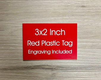 3"x2" Red Plastic Tag w/ White Text - Custom Personalized Plate Adhesive Backed