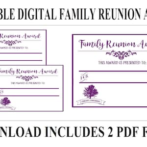 Premio DIGITAL de reunión familiar PÚRPURA 2 tamaños DIY Certificados de reunión familiar editables Árbol genealógico Raíces fuertes Ramas fuertes
