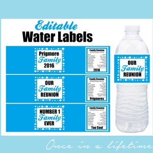Family Reunion EDITABLE Water Bottle Labels BLUE PDF Instant Download Relative Families Gathering Time
