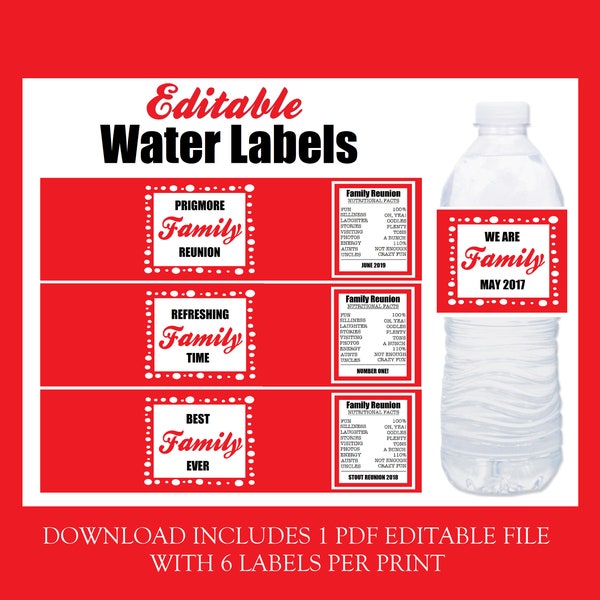 Family Reunion Diy EDITABLE Water Bottle Labels RED PDF Instant Download Relative Families Gathering Time Digital Download