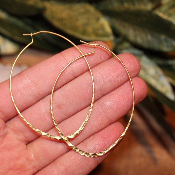 Antique Brass Hammered Gold Hoop Earrings | Large Gold Hoop Earrings, Thin Wire Earrings, Thin Hoops, Delicate Hoops, 2" Hoops, Antique Hoop
