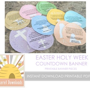 Puede incluir: Banner imprimible de cuenta regresiva de la Semana Santa de Pascua con círculos coloridos que presentan versículos bíblicos y referencias a las Escrituras. El banner incluye el texto "CREEMOS", "ÉL HA RESUCITADO", "LA SALVACIÓN", "¿QUÉ PUEDES SACRIFICAR ESTA SEMANA POR CRISTO?", "¿CÓMO PUEDES MOSTRAR TU GRATITUD POR TODO LO QUE HA HECHO?" y "JESÚS FUE JUZGADO Y CONDENADO, PERO ERA INOCENTE Y PERTENECE A UN TIEMPO Y LUGAR DONDE NO HA HECHO NINGÚN MAL".