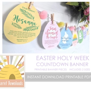 May include: Printable Easter Holy Week countdown banner with colorful egg-shaped pieces featuring scripture verses. The banner includes two sizes and is available as an instant download in PDF format.