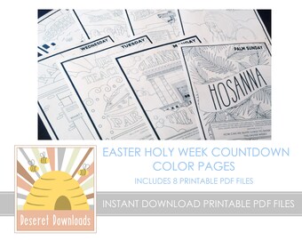 May include: Black and white printable coloring pages for each day of Holy Week, including Palm Sunday, with the text "Hosanna" and "How can we invite Christ to enter our hearts this Easter Week?"
