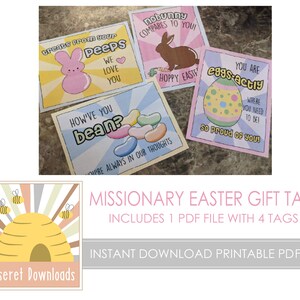 May include: Four printable Easter gift tags featuring colorful illustrations and puns. The tags include a bunny, jelly beans, a Peep, and an Easter egg. The text on the tags reads "Treats from your peeps", "How've you bean?", "No bunny compares to you!" and "You are eggs-actly where you need to be!"