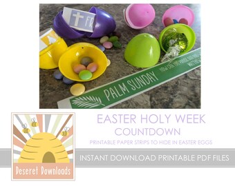 May include: Printable paper strips with text for an Easter Holy Week countdown. The strips are designed to be hidden inside plastic Easter eggs. The image shows a variety of colorful plastic eggs with the strips inside.