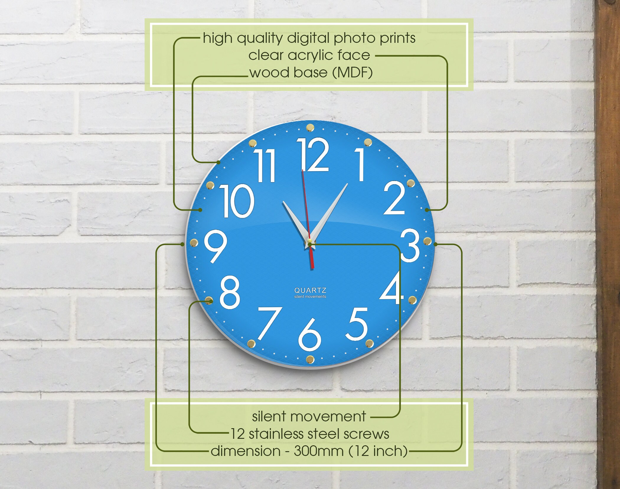 Blue Wall Clock With Numbers, Silent Non-ticking Modern Clock