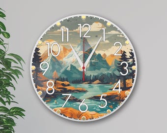 Silent wall clock featuring mountain and river scenery creates a serene ambiance, perfect for living rooms or bedrooms - clock with numerals