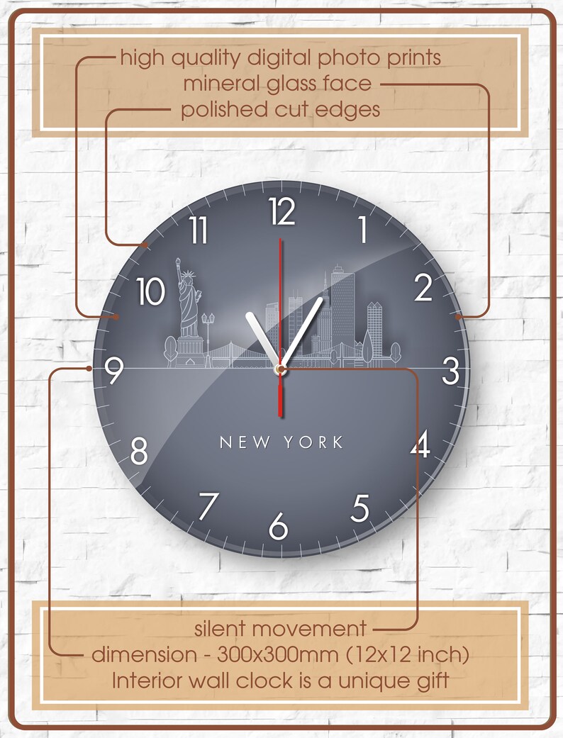 New York City Wall Clock Large Wall Clock Time Zone Clock Etsy