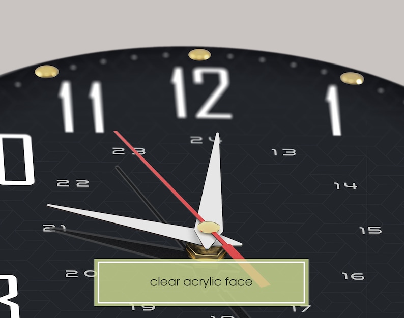 May include: A black clock with a clear acrylic face and gold accents. The clock has white numbers and a red second hand.