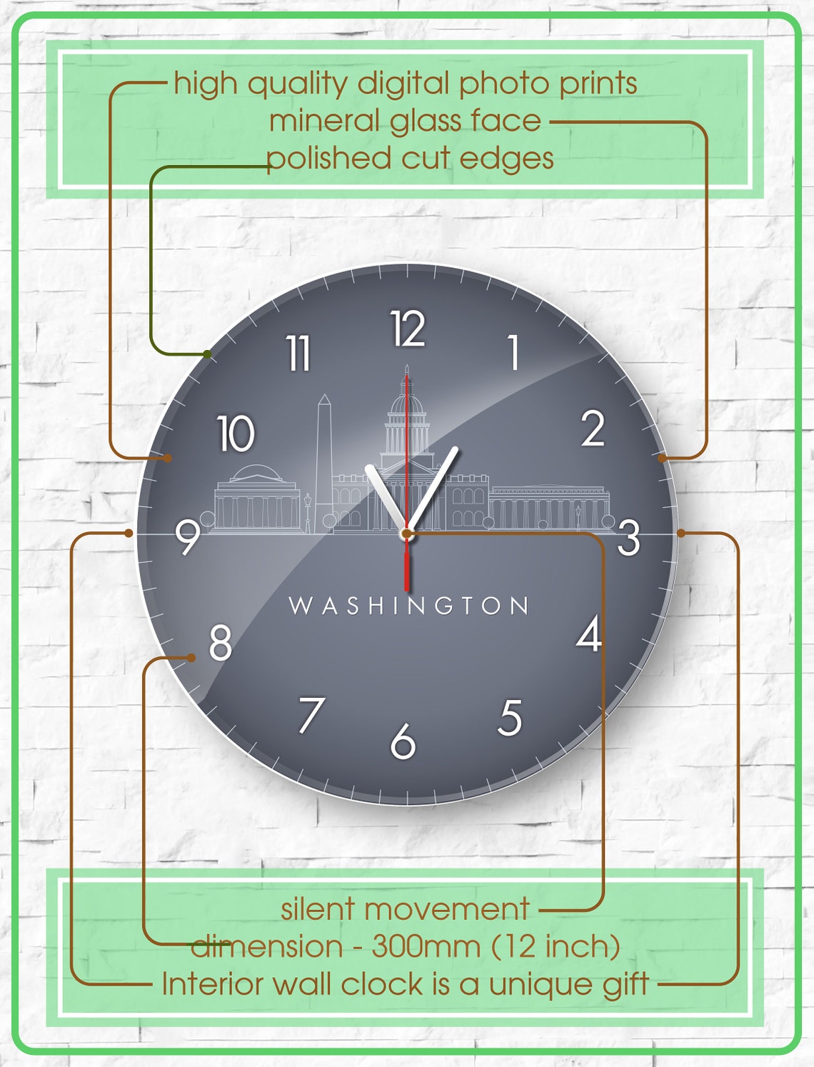 Washington wall clock large wall clock time zone clock mid Etsy