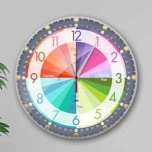Strumento educativo per l'istruzione domiciliare - Orologio da parete per bambini di facile lettura con movimento silenzioso, orologio didattico decorativo analogico silenzioso da 12 pollici